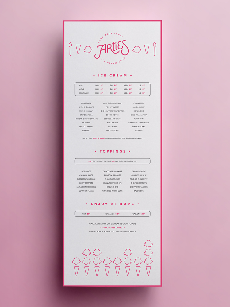 Arties Ice Cream menu