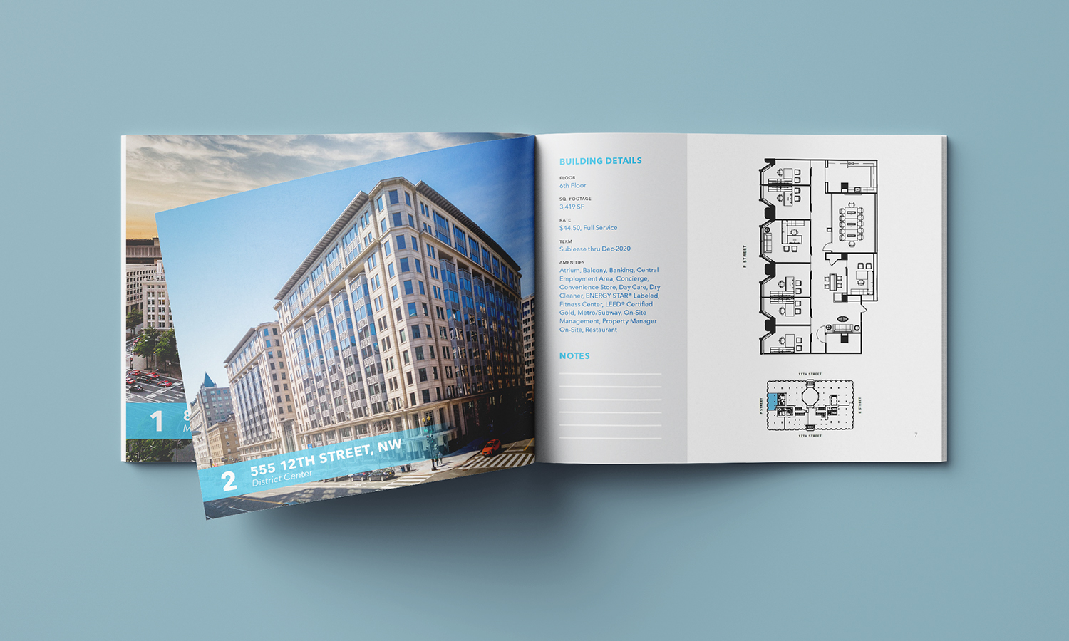 Property tour book interior spread with building information